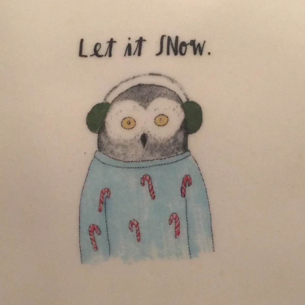 Rae Dunn 8” Plate w Owl in Earmuffs “Let it Snow”